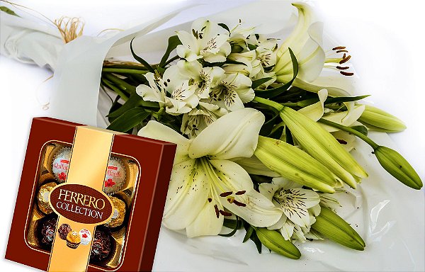 Kit Buquê Elegância de Flores Brancas + Ferrero Rocher