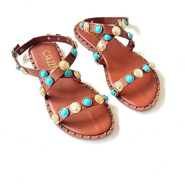Sandália Rasteira Feminina Pedra Azul Turquesa REF 25003
