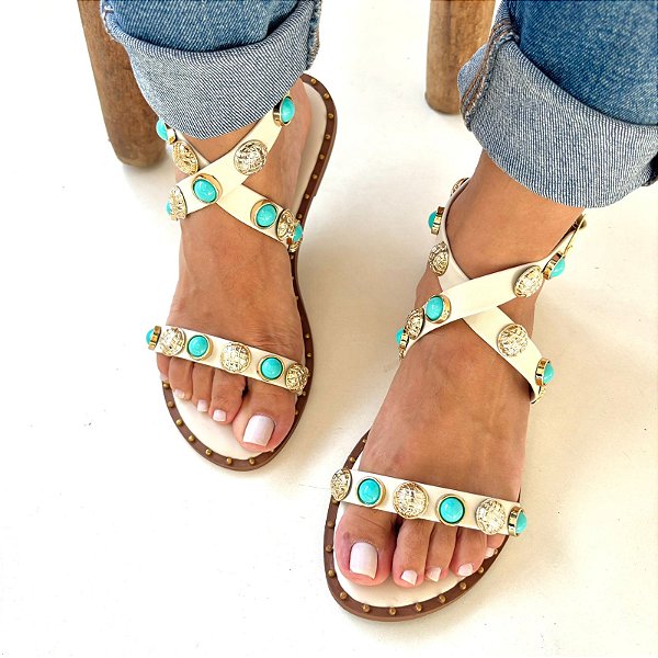 Sandália Rasteira Feminina Pedra Azul Turquesa REF 25003