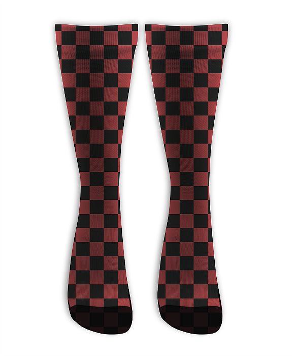 Meia Cano Alto - Quadriculada Vermelho e Preto