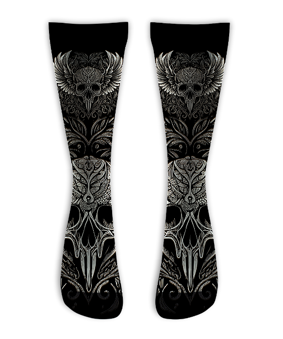 Meia Cano Alto - Skull Wings Black