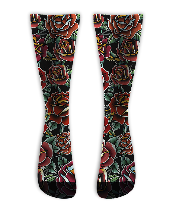 Meia  Cano Alto - Vintage Roses Black