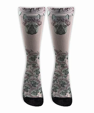 Meia  Cano Alto - Buldog Frances Floral