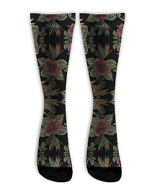 Meia  Cano Alto - Floral Ibisco Black