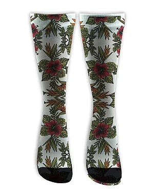 Meia  Cano Alto - Floral Ibisco White