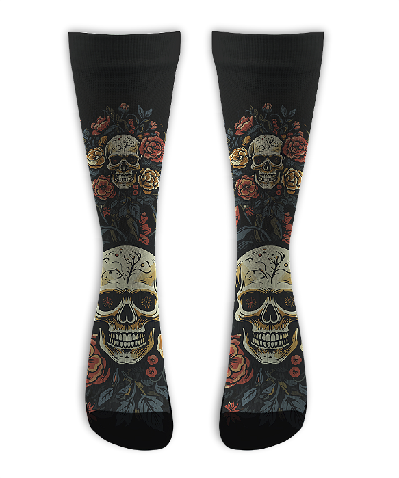 Meia  Cano Alto - Caveira Floral Black
