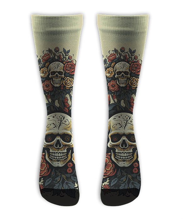 Meia  Cano Alto - Caveira Floral Crema