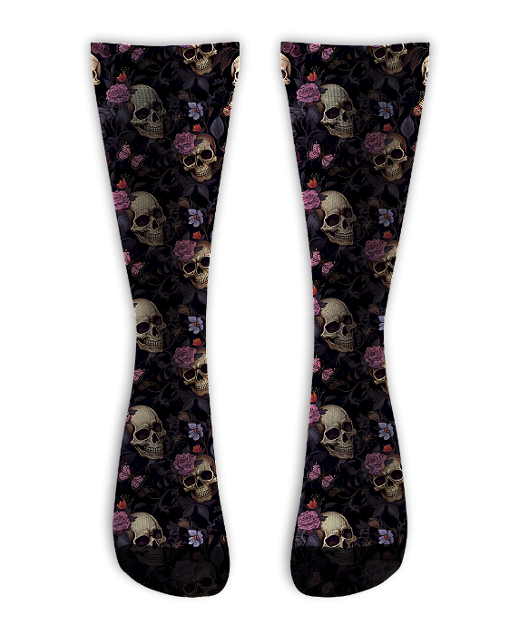 Meia  Cano Alto - Skull Flowers Purple