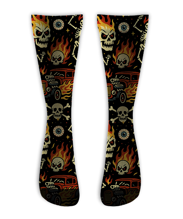 Meia Cano Alto - Old Car Flames Bones