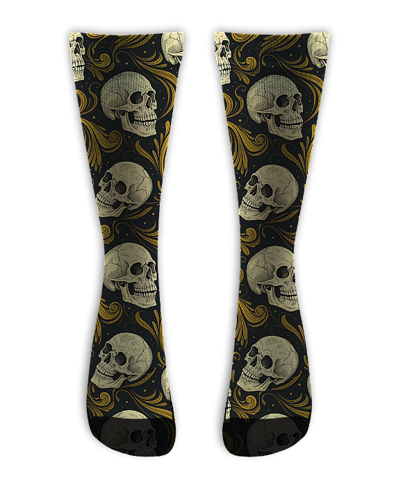 Meia Cano Alto - Vintage Gold Skull