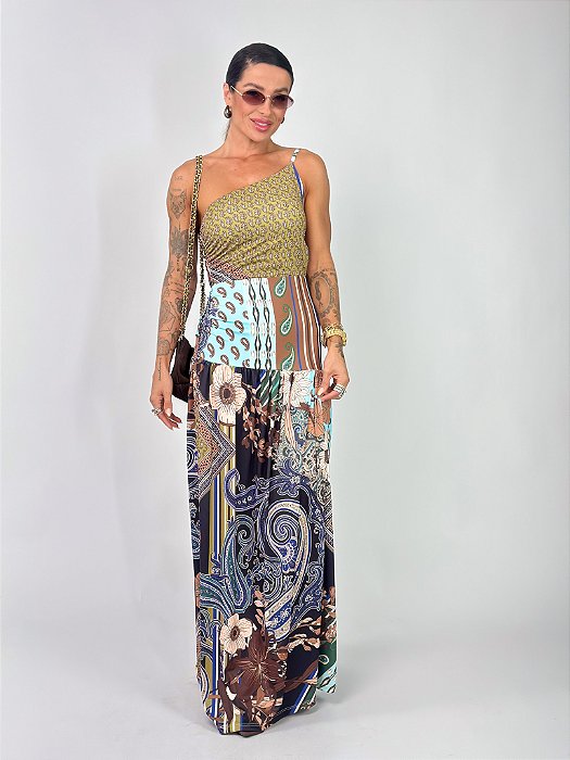 VESTIDO MANU MIDI MARROM ESTAMPADO