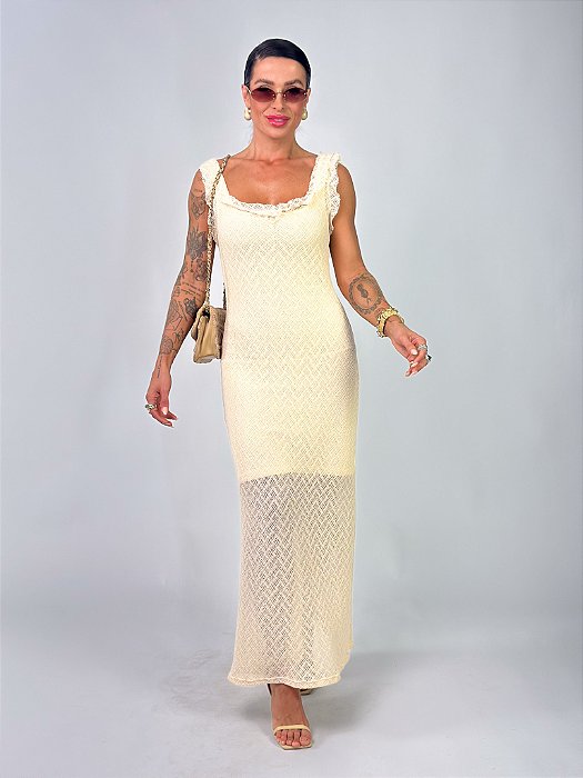 VESTIDO ANDIE CROCHÊ MIDI MANTEIGA