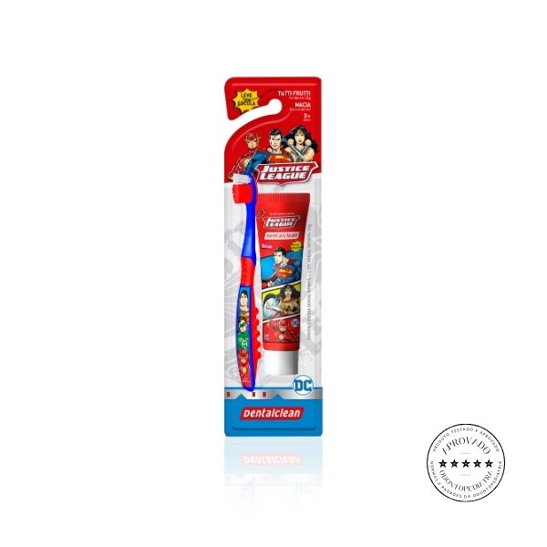 Escova de Dente Infantil + Pasta de Dente  Heróis  - Liga da Justiça