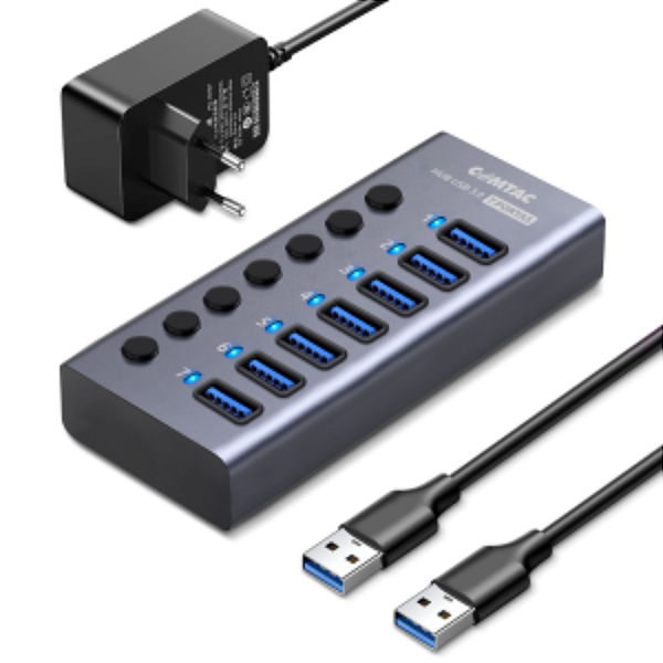 HUB USB3.0 Comtac - 7 Portas Aluminium 5G com Fonte 12V 3A