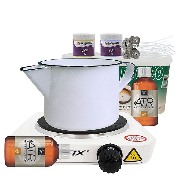 Combo Fabricação de Velas 1kg Cera de Coco + 2 Essências Óleo 100ml + 2 Corantes em Pó + 10 Pavios Parafinados + Fogão Elétrico + Caneca Esmaltada
