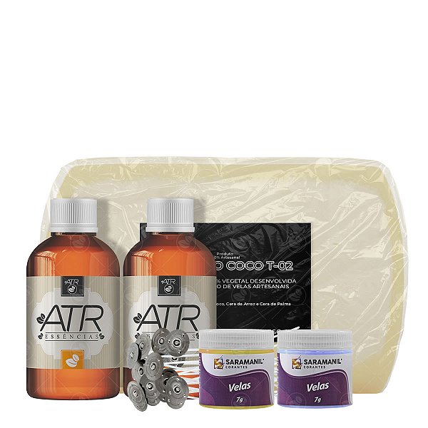 Combo Fabricação de Velas 1kg Cera de Coco Barra + 2 Essências Óleo 100ml + 2 Corantes em Pó + 10 Pavios Parafinados