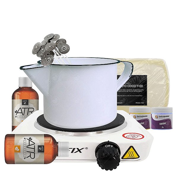 Combo Fabricação de Velas 1kg Cera de Coco Barra + 2 Essências Óleo 100ml + 2 Corantes em Pó + 10 Pavios Parafinados + Fogão Elétrico + Caneca Esmaltada