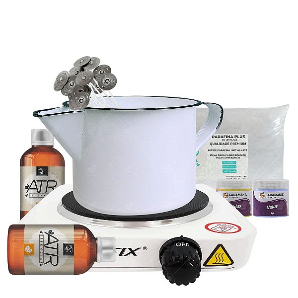 Combo Fabricação de Velas 1kg Parafina Plus + 2 Essências Óleo 100ml + 2 Corantes em Pó + 10 Pavios Parafinados + Fogão Elétrico + Caneca Esmaltada