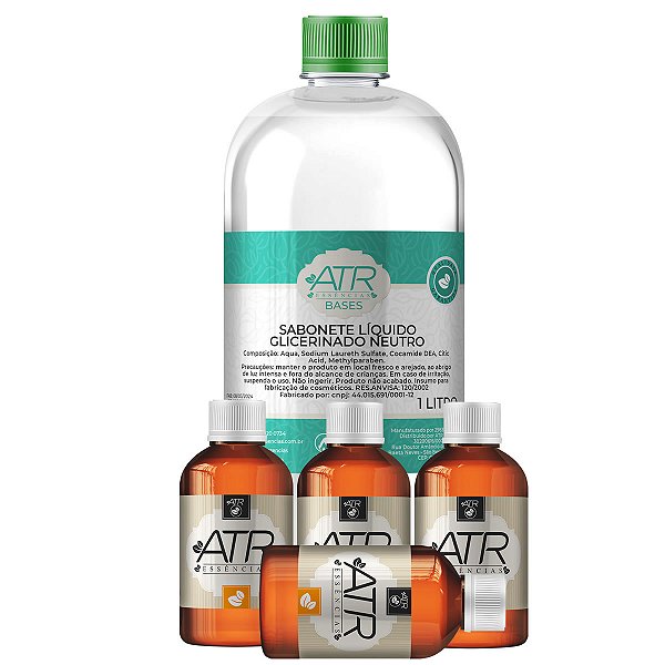 Combo Fabricação de Sabonetes 1 Litro de Sabonete Líquido Glicerinado Neutro + 2 Essências Hidro 100ml + 2 Extratos Cosméticos 100ml