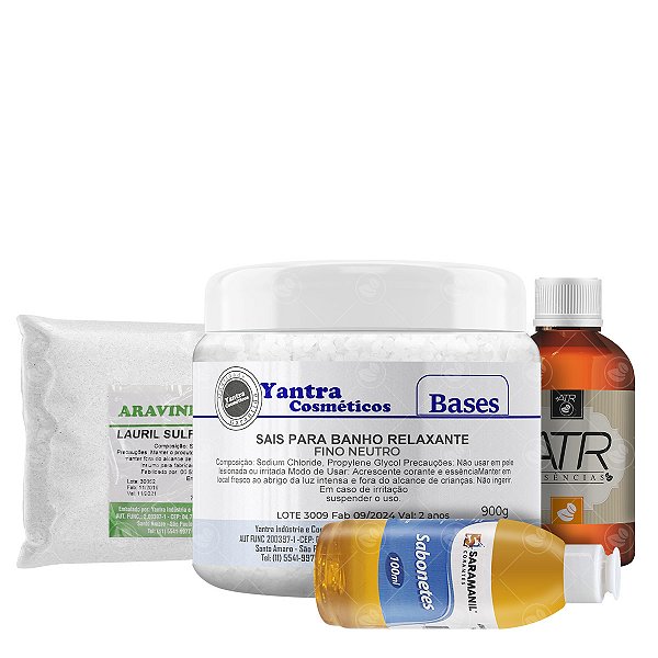 Kit Esfoliante - Sais de Banho Relaxante Neutro Fino + 1 Essência + 1 Corante + Lauril em Pó