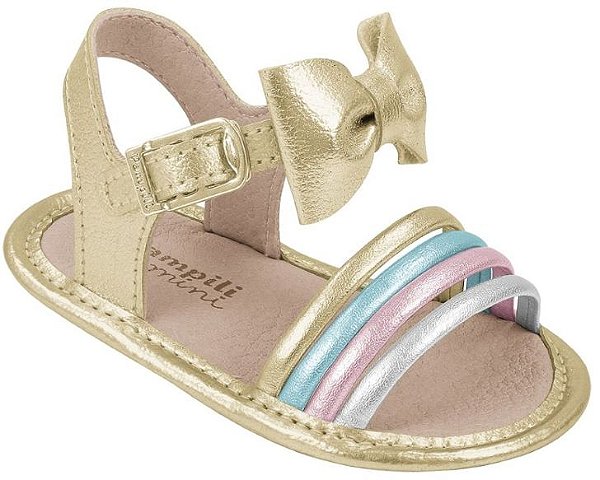 Sandália Para Bebê Pampili Ergonômica Camomila Dourada Com Tiras Coloridas  - Noeli Confecções