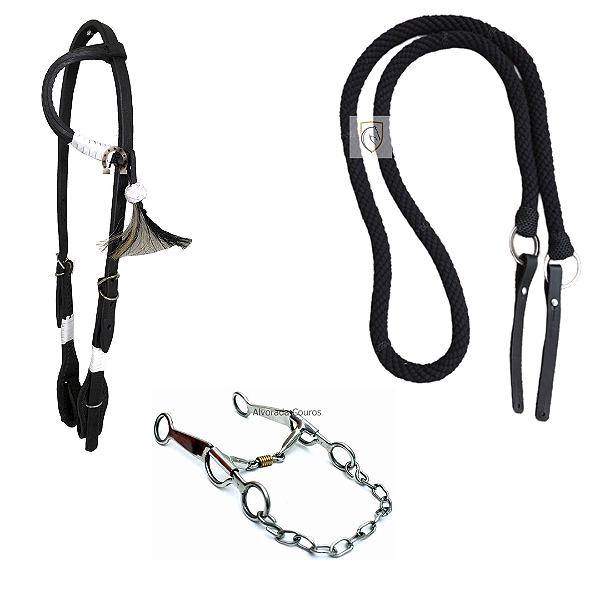 Kit Cabeçada Orelha Couro De Búfalo Rédea De Lã Torcido E Freio Bridão Inox