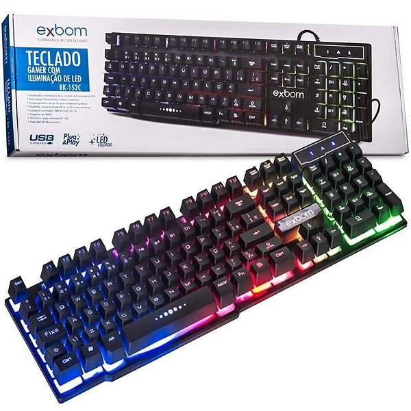 Teclado Semi Mecânico Gamer Iluminado Led Rgb Metal Exbom BK-152C Preto