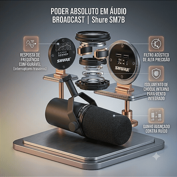 Microfone Shure SM7B Dinâmico XLR para Podcast, Streaming e Estúdio