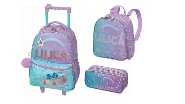 Mochila Carrinho e costas Lancheira Estojo duplo lilica ripilica