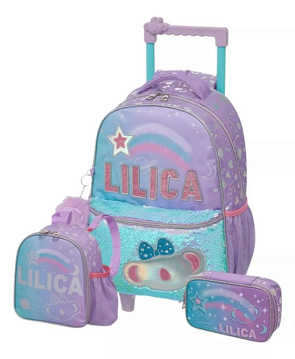 Mochila Carrinho e costas Lancheira E Estojo Lilica Ripilica