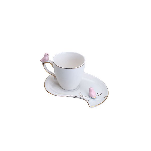 Xícara de Café em Porcelana Birds Design Plate 90ml - Rosa