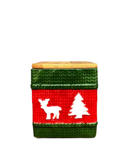 Pote de Porcelana com Tampa em Bambu Quadrado Verde e Vermelho Natal - 12cm