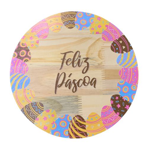 Tábua Madeira Pinus Redonda Feliz Páscoa Ovos - Grande