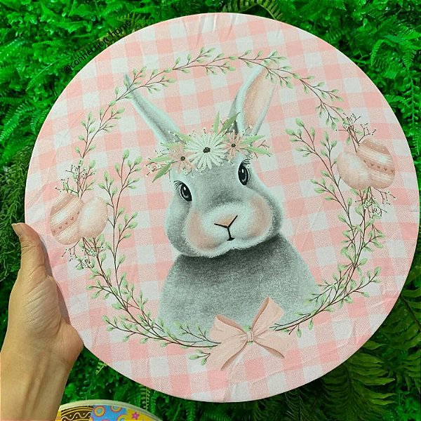 Capa para Sousplat Coelho da Páscoa - Xadrez Rosa