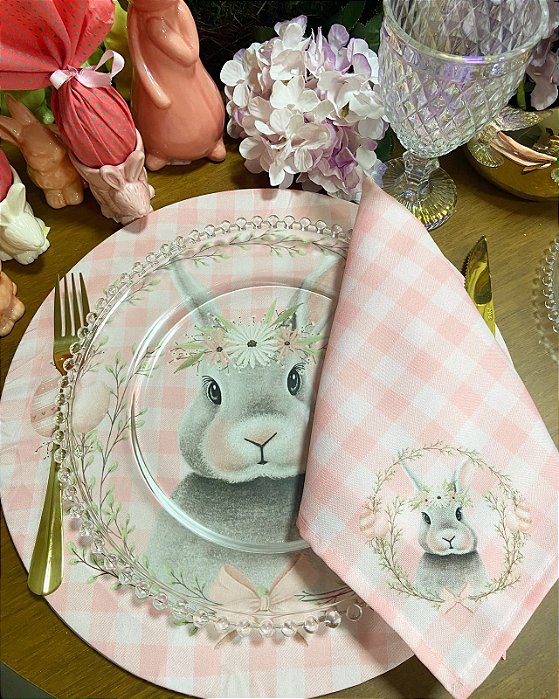 Guardanapo Coelho da Páscoa - Xadrez Rosa