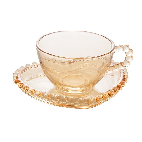Xícara de Café Com Pires de Coração de Cristal Pearl Âmbar 85ml - Wolff