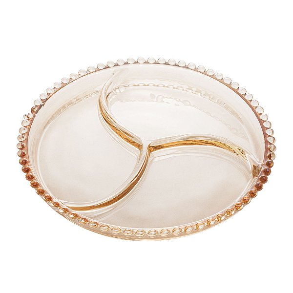 Petisqueira Redonda 3 Divisórias de Cristal Pearl Âmbar 24cm