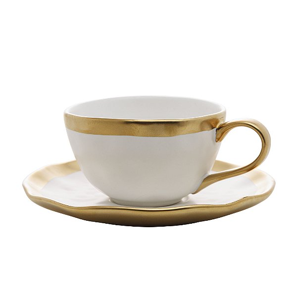 Xícara de Café em Porcelana Dubai 90ml - Branco e Dourado