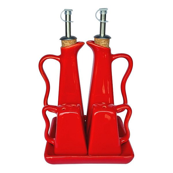 Kit 5 Peças Galheteiro Azeite Vinagre Sal Pimenta e Bandeja Vermelho