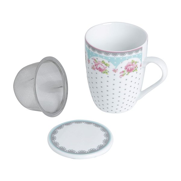 Caneca Porcelana Tampa Filtro Infusor de Chá Inox Amelia 310ml