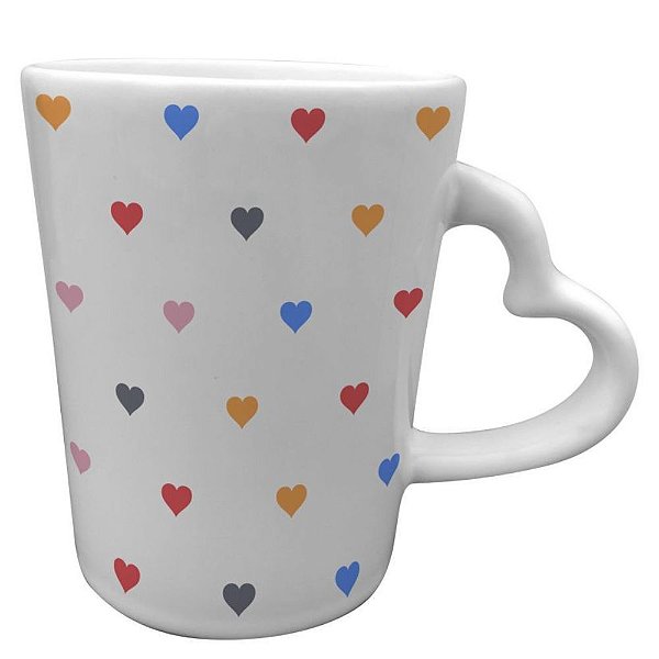 Caneca de Cerâmica 270ml Alça de Coração Branca com Estampa de Coração Colorido