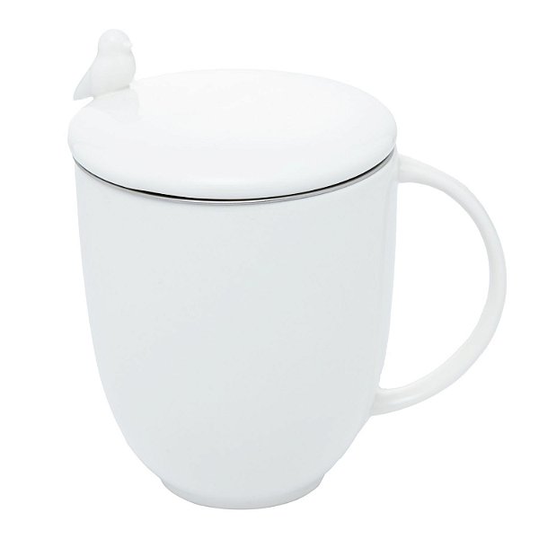Caneca Porcelana Com Tampa E Infusor Birds Branco 350ml