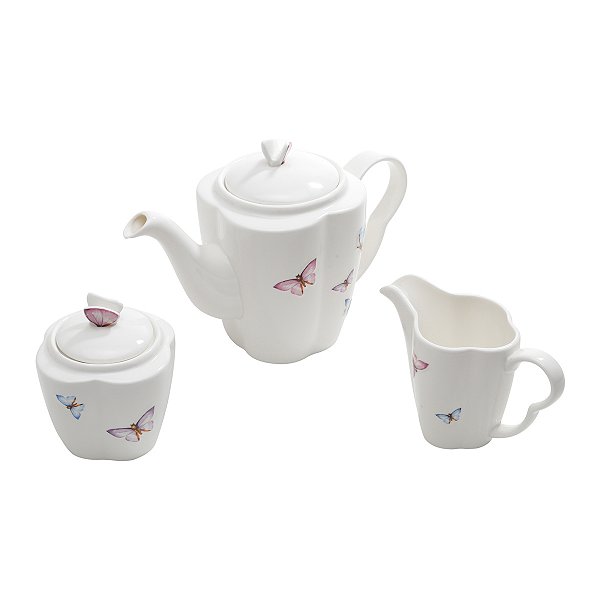 Conjunto para Chá 3 Peças Bule Leiteira e Açucareiro Porcelana Borboletas