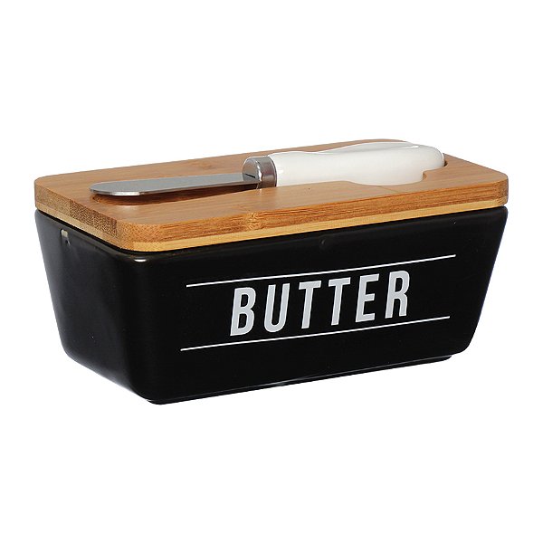 Manteigueira De Porcelana com Tampa Bambu E Espátula Butter Manhattan Preta