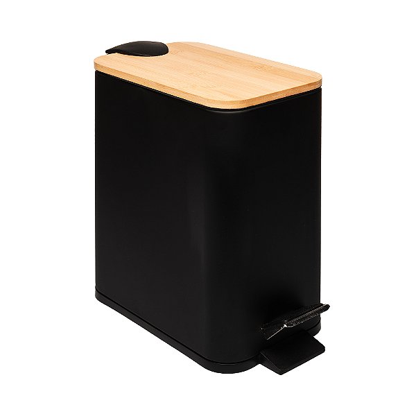 Lixeira De Pedal 5l Quadrada Tampa De Bambu Metal Escritório