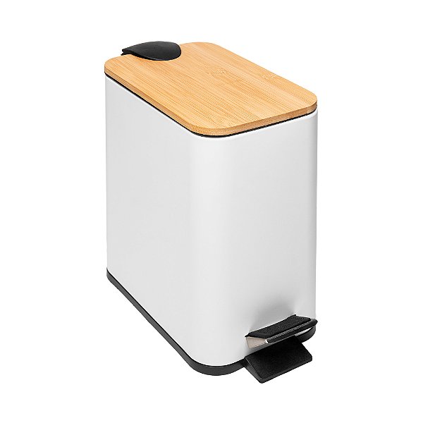 Lixeira Quadrada Tampa Bambu E Abertura Pedal 5L Banheiro