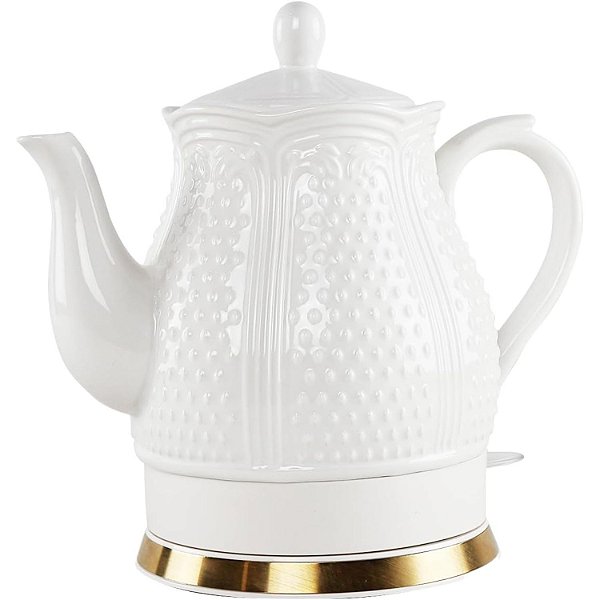 Chaleira Elétrica De Porcelana 220v 1,5L Eleganza Branca com Dourado