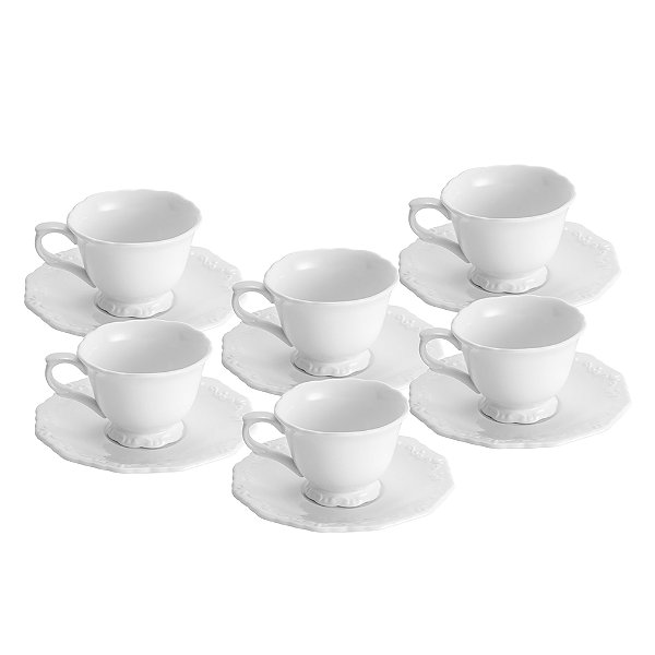 Conjunto 6 Xicaras de Cha Porcelana Pires Alto Relevo 200ml