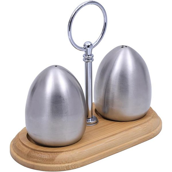 Saleiro E Pimenteiro Aço Inox Base Bambu De Mesa Bancada