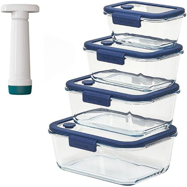 Kit Potes De Vidro Com Bomba Vácuo 5 Peças Tampa Vidro Glace